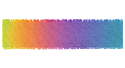 Horizontal strip of rough, fabric-like material with torn, frayed edges, vibrant gradient from orange to purple-blue, isolated on clean white background, studio shot, shadowless top-down lighting,