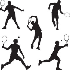 Vector art of silhouettes of tennis players in action isolated on white background, serving, swinging, hitting the ball and playing the game