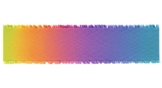 Horizontal strip of rough, fabric-like material with torn, frayed edges, vibrant gradient from orange to purple-blue, isolated on clean white background, studio shot, shadowless top-down lighting, - Powered by Adobe