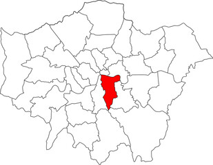 Obraz premium Map of Greater London highlighting the borough of Southwark. Ideal for projects on the River Thames, vibrant markets, and cultural landmarks