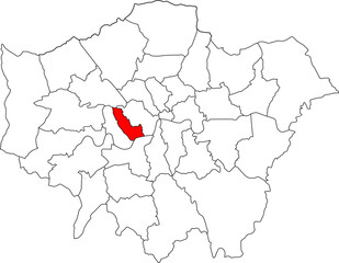 Map of Greater London highlighting the Royal Borough of Kensington and Chelsea. Ideal for projects on its affluent areas, iconic museums, and elegant architecture.