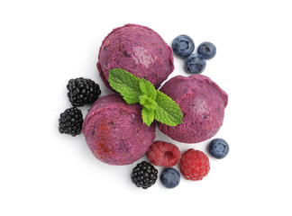 Delicious sorbet with fresh berries and mint isolated on white, top view