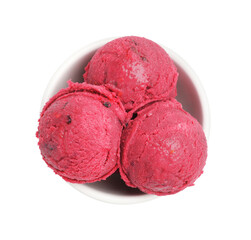 Delicious pink sorbet in bowl isolated on white, top view