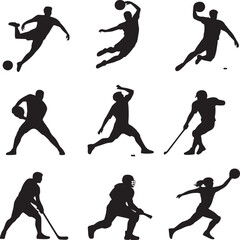 Vector art of silhouettes of diverse sports players in dynamic poses isolated on white background, capturing the essence of athleticism