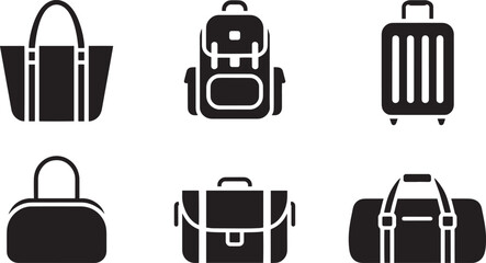 Travel and Luggage Icons Set Featuring Tote, Backpack, Suitcase, Handbag, Briefcase, and Duffle Bag