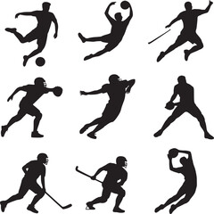 Vector art of silhouettes of various sports players in action isolated on white background, showcasing athleticism and teamwork