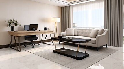 Luxury studio apartment interior design with tan boucle fabric sofa, workspace with sleek black desk, wooden chair and silver laptop, 3D Illustrations. 3D Rendering,