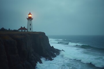 Lighthouse on a cliff overlooking a stormy sea at dusk