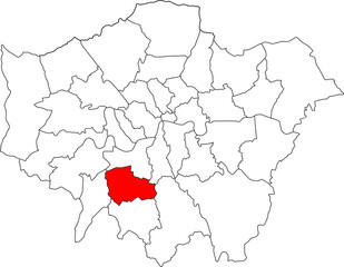 Map of Greater London highlighting the borough of Merton. Perfect for projects on Wimbledon, suburban life, and Southwest London geography