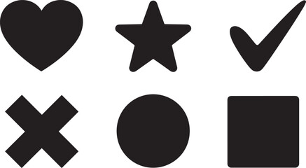 Versatile Basic Shapes Icons Set Featuring Heart, Star, Check, Cross, Circle, and Square Collection