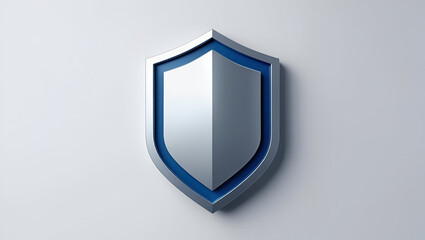 Minimal cyber protection shield in silver-blue 3D vector art with soft shadows on clean white background
