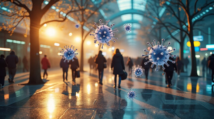 RSV concept ,Airborne RSV virus in public space with people walking, creating sense of urgency and awareness