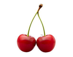 Two ripe cherries with stems, isolated on transparent background.