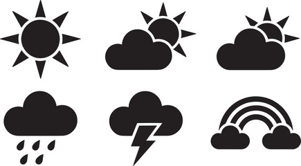 Weather Forecast Icons Set Depicting Sunny, Cloudy, Rainy, Stormy, and Rainbow Conditions on Transparent Backdrop