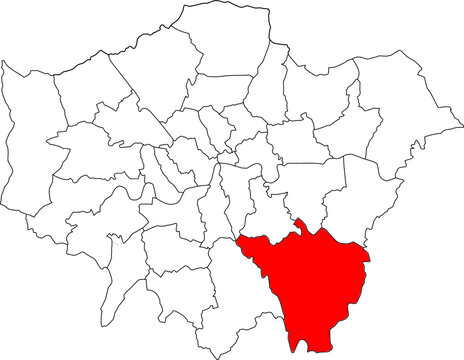 Map of London highlighting the Bromley borough. Ideal for local government, travel resources, and geographic information focusing on the area