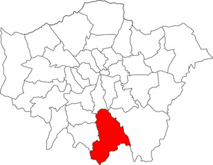 Obraz premium Map of London highlighting the Croydon borough. Ideal for local government, travel resources, and geographic information focusing on the area.