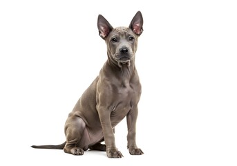 Obraz premium Adorable Thai Ridgeback puppy sitting attentively with alert expression on white background - perfect for pet lovers, breeders, or veterinary campaigns
