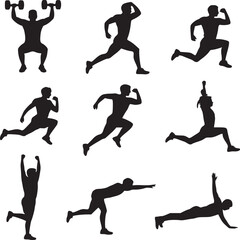 Vector art of silhouette of man doing fitness and workout exercises isolated on white background