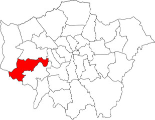 Obraz premium Map of London highlighting the Hounslow borough. Ideal for local government, travel resources, and geographic information focusing on the area