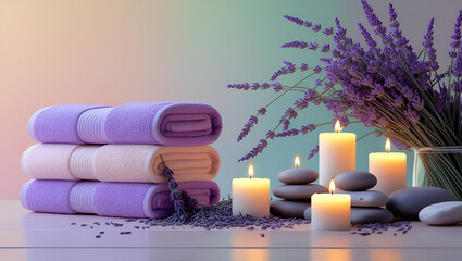 Zen-inspired layout with purple towels, lavender bunches, flickering candles, and stacked spa stones
