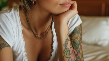 Woman with colorful tattoo on arm resting her chin on hand in a relaxed pose