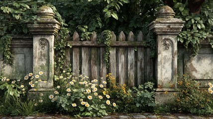 Overgrown stone fence with weathered wooden planks blooming daisies and lush green foliage