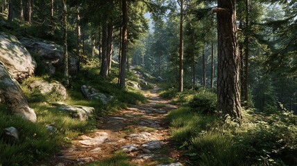 Obraz premium A sunlit stone path winds through a lush green forest with large rocks and tall trees