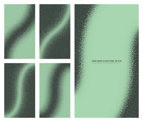 Assorted vector dark green noise halftone pattern set in vertical 9:16 aspect ratio including smooth curved twisted frame and various textures. Varied half tone grainy textured design elements bundle