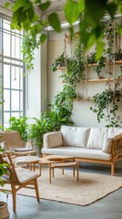 A furniture store decorated with houseplants and natural wooden elements, cozy and inviting space, clean and professional composition, copy space, natural color, minimalism, stock photography