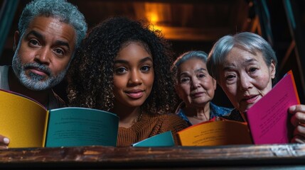 Community theater performers different ages ethnicities reading scripts together intimate rehearsal warm stage lighting