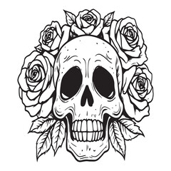 hand drawn skull with roses detailed line illustration.eps