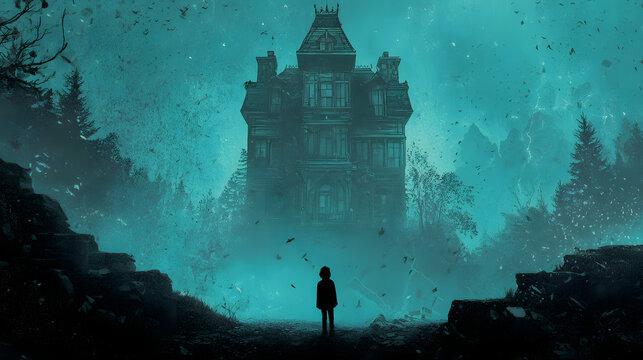Fantasy horror movie book cover and horror fantasy movie poster, in the style of haunting houses, dark turquoise and gray, mystic symbolism, poster art, and mysterious backdrop