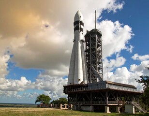 A space shuttle on a launch pad against a blue sky, ready for a mission