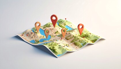 Detailed topographic map with location pins indicating destinations and routes