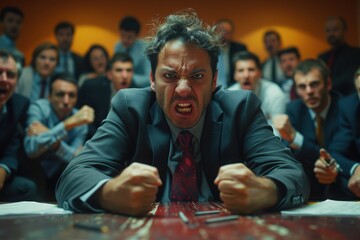 Angry Businessman Leaning on Table During Tense Corporate Meeting with Concerned Colleagues