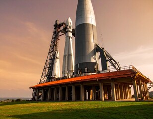 A space shuttle on a launch pad against a blue sky, ready for a mission