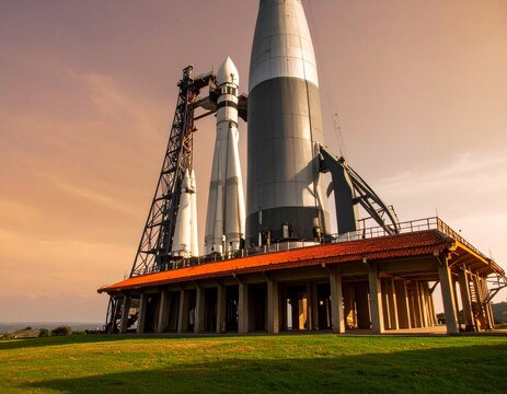 A space shuttle on a launch pad against a blue sky, ready for a mission