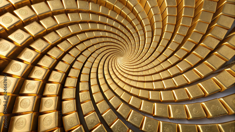 Poster gold bar stack concept ,gold bars arranged in spiral shape create mesmerizing visual effect, showcas