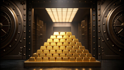 Obraz premium Gold bar stack concept ,pyramid of gold bullion shines under spotlight in secure vault, evoking sense of wealth and security