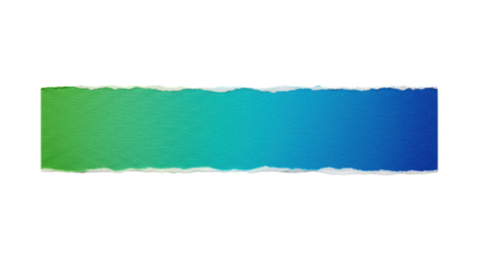 Horizontal textured material strip with torn edges, vibrant blue to green gradient, isolated on a clean white background with copy space, studio lit top-down view, no shadows, abstract commercial