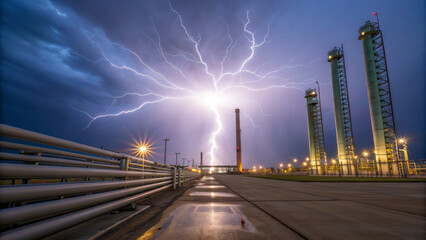 Gas terminal concept ,dramatic lightning strike illuminates gas facility, showcasing towering structures and stormy sky
