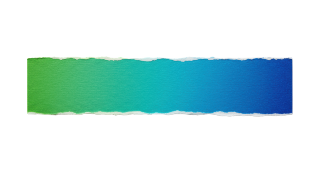 Horizontal textured material strip with torn edges, vibrant blue to green gradient, isolated on a clean white background with copy space, studio lit top-down view, no shadows, abstract commercial