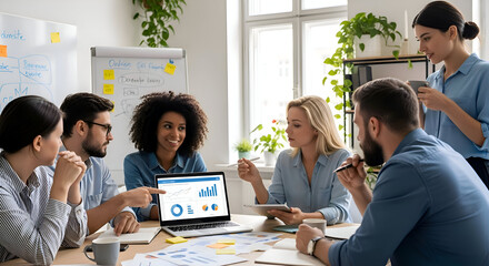 Diverse team analyzing business data in a meeting