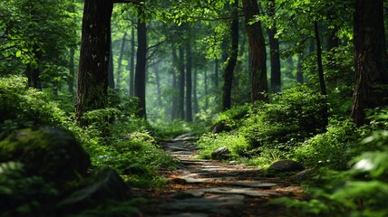 Fototapeta premium Sunlit forest path with lush green foliage and stone steps leading into the trees