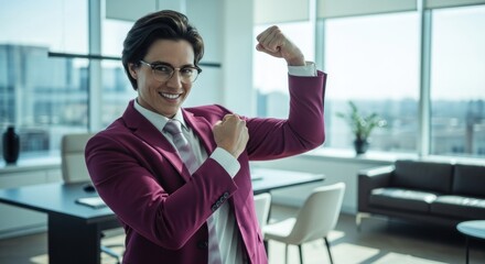 Confident person in suit flexing in modern office