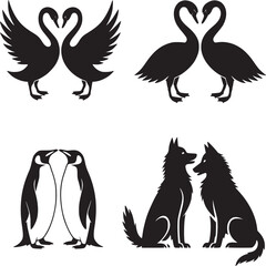 Vector art of silhouette illustration of swans, penguins, and dogs in love isolated on white background
