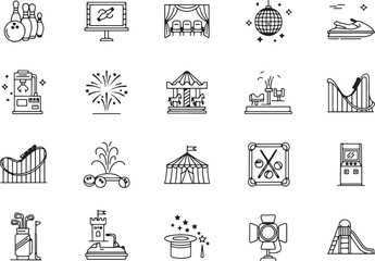 Fototapeta premium Bowling pins and ball carousel roller coaster arcade game, bowling, pins, ball, screen, stage, seats, disco ball, jet ski, claw machine, fireworks, carousel, ride, roller coaster, fountain, circus ten