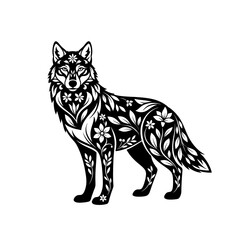 Obraz premium Floral Patterned Wolf Illustration in Black and White Decorative Design.
