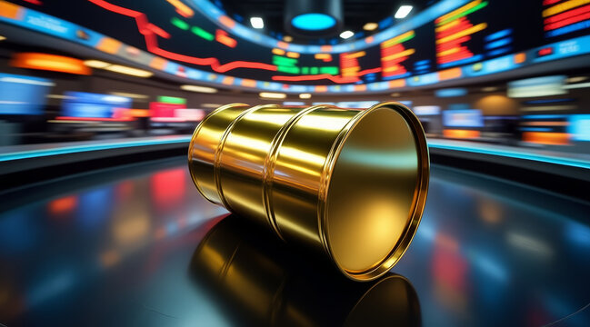 Oil gains concept ,Shiny oil barrel spinning on trading floor, reflecting excitement and energy of market activity