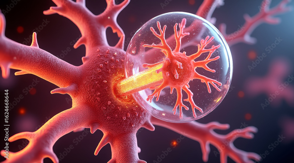 Poster rsv concept ,close up view of neuron with glowing effect, showcasing intricate details and vibrant c